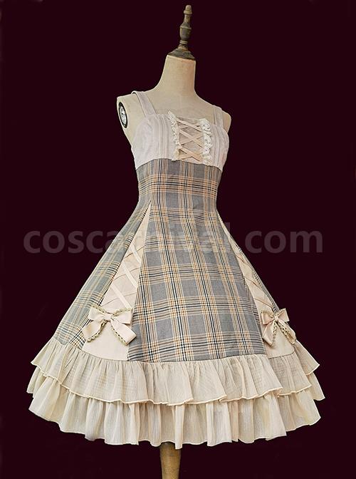 Backlight-Memories-Record-Grey-Khaki-Check-Design-Cross-Tie-Bow-Knots-Grace-Pleated-Lace-Classic-Lolita-Slip-Dress-coscarnival-3539