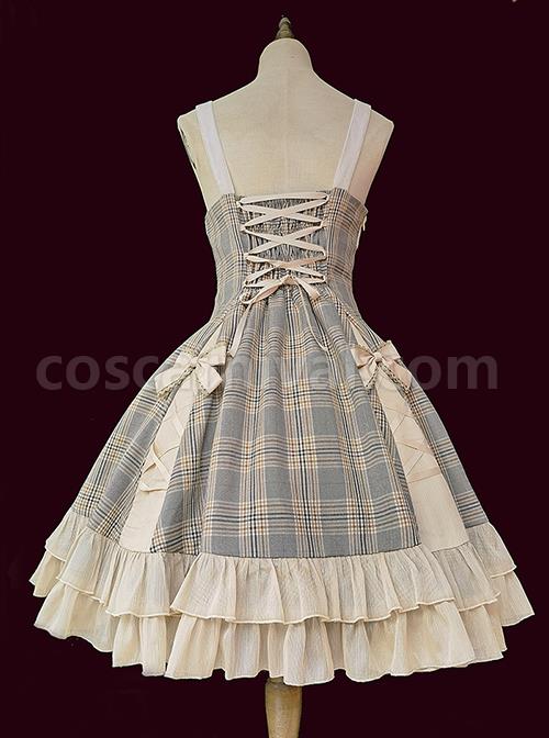 Backlight-Memories-Record-Grey-Khaki-Check-Design-Cross-Tie-Bow-Knots-Grace-Pleated-Lace-Classic-Lolita-Slip-Dress-coscarnival-3544