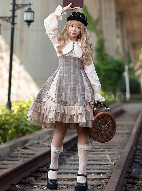 Backlight-Memories-Record-Grey-Khaki-Check-Design-Cross-Tie-Bow-Knots-Grace-Pleated-Lace-Classic-Lolita-Slip-Dress-coscarnival-3550