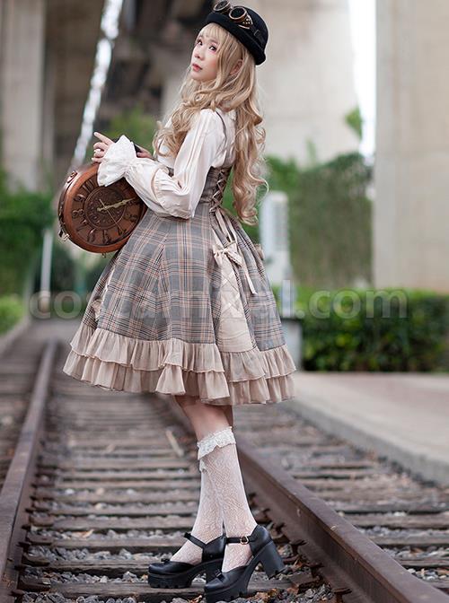 Backlight-Memories-Record-Grey-Khaki-Check-Design-Cross-Tie-Bow-Knots-Grace-Pleated-Lace-Classic-Lolita-Slip-Dress-coscarnival-3554
