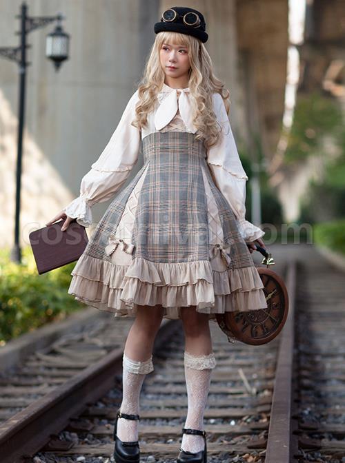 Backlight-Memories-Record-Grey-Khaki-Check-Design-Cross-Tie-Bow-Knots-Grace-Pleated-Lace-Classic-Lolita-Slip-Dress-coscarnival-3558