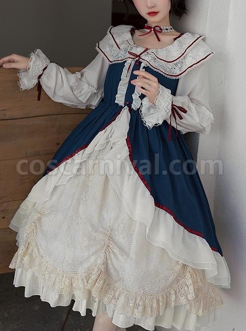 Bai-Xueji-Series-Double-Layer-Lace-Round-Neck-Red-Lacing-Hollow-Lace-Drawstring-Hem-Classic-Lolita-Long-Sleeved-Dress-coscarnival-1820