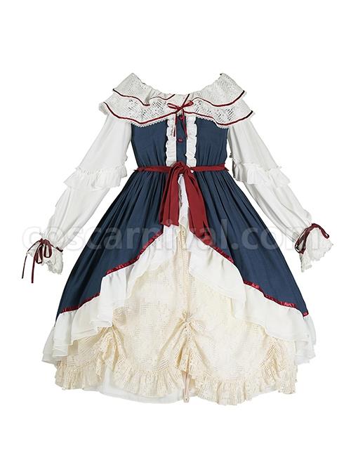 Bai-Xueji-Series-Double-Layer-Lace-Round-Neck-Red-Lacing-Hollow-Lace-Drawstring-Hem-Classic-Lolita-Long-Sleeved-Dress-coscarnival-1826