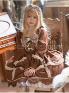 Bear-Cookies-Series-OP-Brown-Pleated--Plaid-Bowknot-Classic-Lolita-Long-Sleeve-Dress-coscarnival-3528