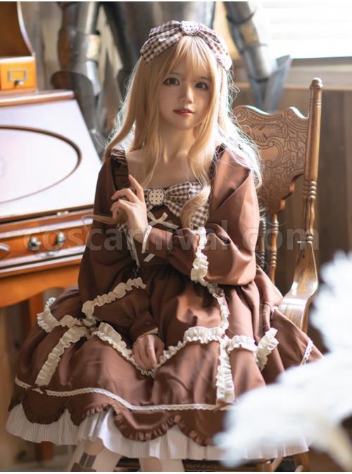 Bear-Cookies-Series-OP-Brown-Pleated--Plaid-Bowknot-Classic-Lolita-Long-Sleeve-Dress-coscarnival-3540