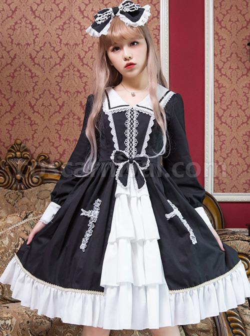Black And White Bowknot Lace Crucifix Gothic Lolita Lapel Long Sleeve Dress coscarnival