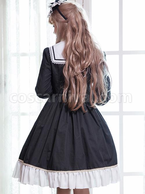 Black And White Bowknot Lace Crucifix Gothic Lolita Lapel Long Sleeve Dress coscarnival
