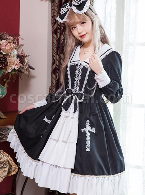 Black And White Bowknot Lace Crucifix Gothic Lolita Lapel Long Sleeve Dress coscarnival