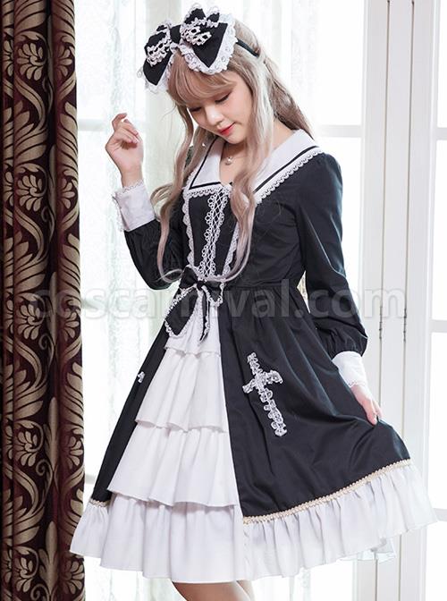 Black And White Bowknot Lace Crucifix Gothic Lolita Lapel Long Sleeve Dress coscarnival