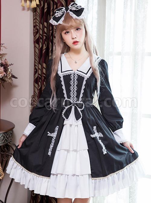 Black And White Bowknot Lace Crucifix Gothic Lolita Lapel Long Sleeve Dress coscarnival