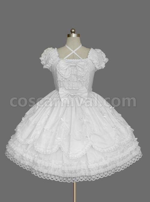 Black And White Cotton Elegant Gothic Lolita Short Sleeves Dress coscarnival