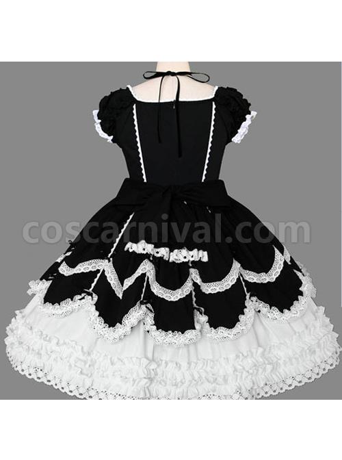 Black And White Cotton Elegant Gothic Lolita Short Sleeves Dress coscarnival