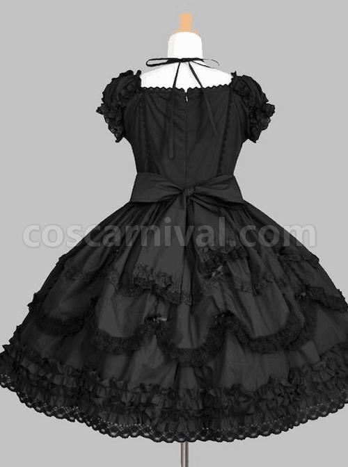 Black And White Cotton Elegant Gothic Lolita Short Sleeves Dress coscarnival