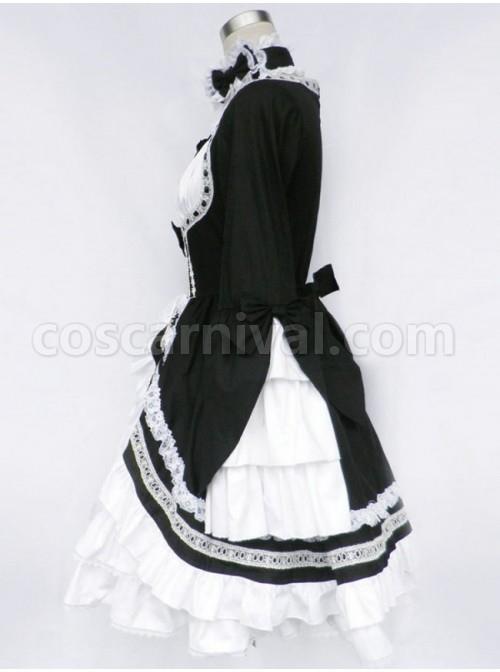 Black And White Long Sleeves Bow Cotton Gothic Lolita Dress coscarnival