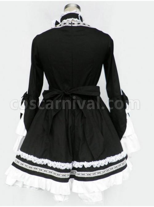 Black And White Long Sleeves Bow Cotton Gothic Lolita Dress coscarnival