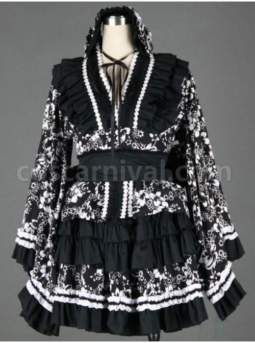Black And White Long Sleeves Cotton Gothic Lolita Dress coscarnival