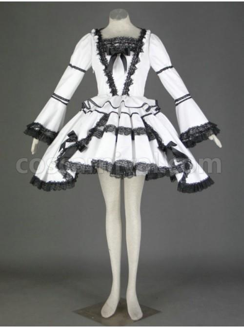 Black And White Long Sleeves Lace Trim Cotton Gothic Lolita Dress coscarnival