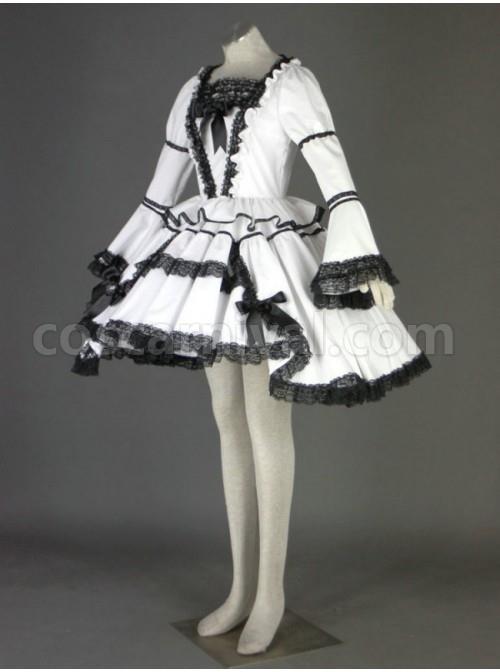 Black And White Long Sleeves Lace Trim Cotton Gothic Lolita Dress coscarnival