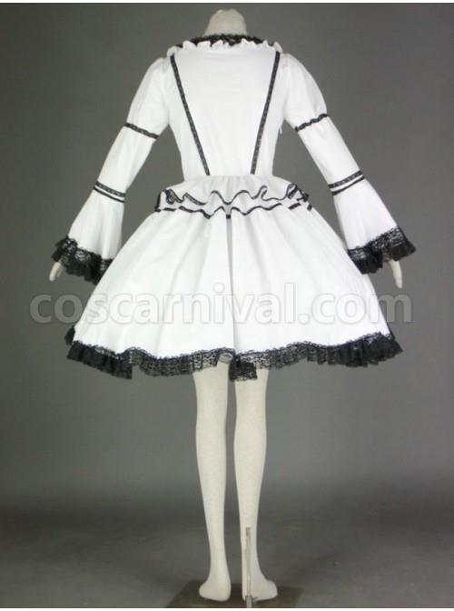 Black And White Long Sleeves Lace Trim Cotton Gothic Lolita Dress coscarnival