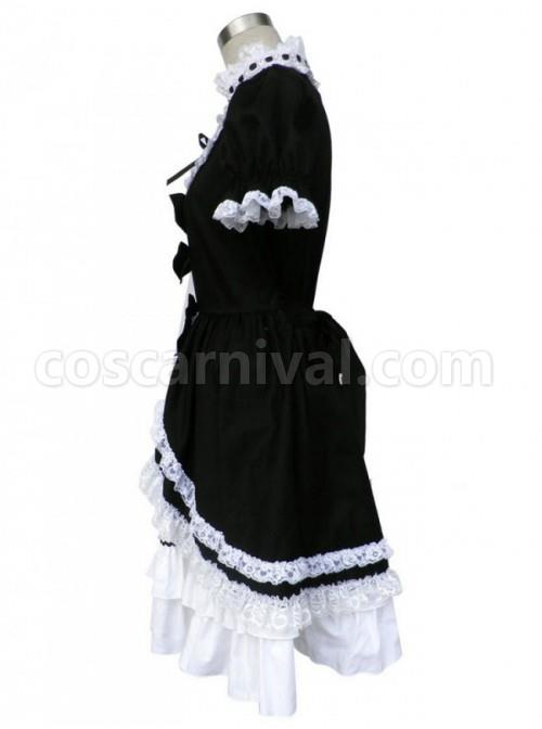 Black And White Short Sleeves Bow Cotton Gothic Lolita Dress coscarnival