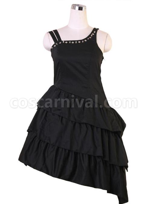 Black Asymmetric Hem Punk Gothic Lolita Sling Dress coscarnival