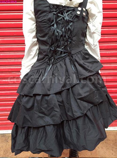 Black Asymmetric Hem Punk Gothic Lolita Sling Dress coscarnival