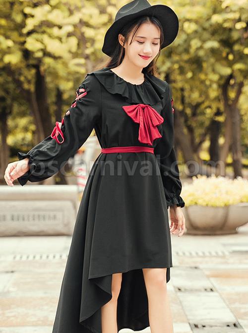 Black Bind Strap Bowknot Gothic Lolita Long Sleeve Dress coscarnival