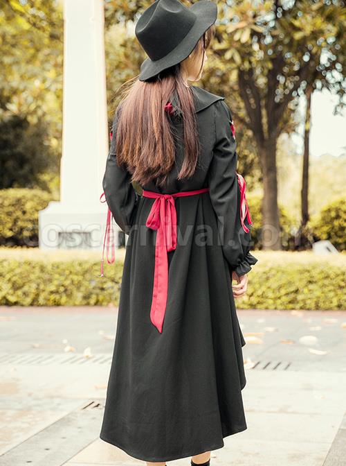 Black Bind Strap Bowknot Gothic Lolita Long Sleeve Dress coscarnival