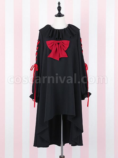 Black Bind Strap Bowknot Gothic Lolita Long Sleeve Dress coscarnival