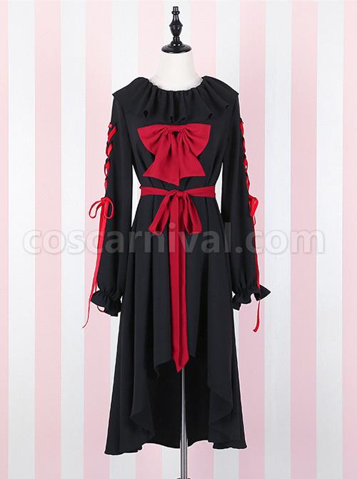 Black Bind Strap Bowknot Gothic Lolita Long Sleeve Dress coscarnival