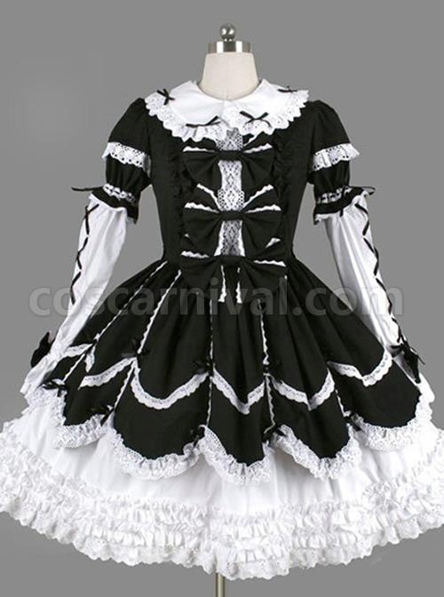Black Bowknot Ruffles Gothic Lolita Long Sleeves Dress coscarnival