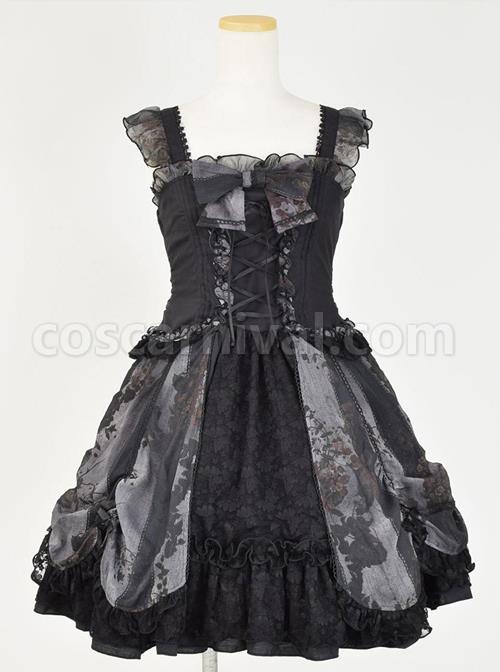 Black Chiffon Lace-up Gothic Lolita Sling Dress coscarnival