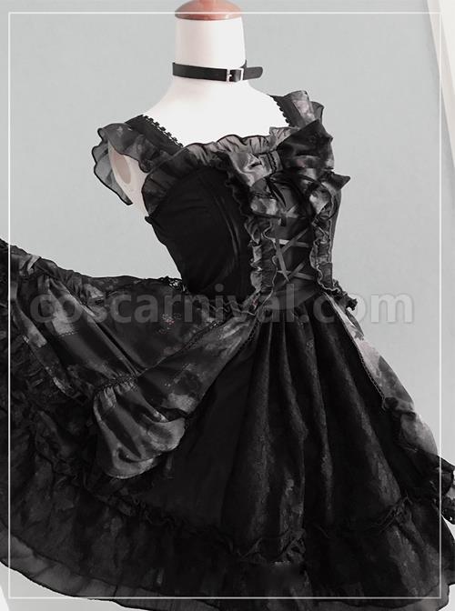 Black Chiffon Lace-up Gothic Lolita Sling Dress coscarnival