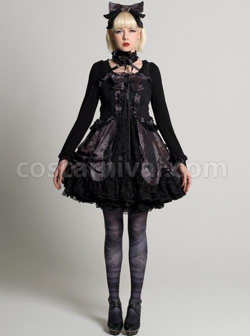 Black Chiffon Lace-up Gothic Lolita Sling Dress coscarnival
