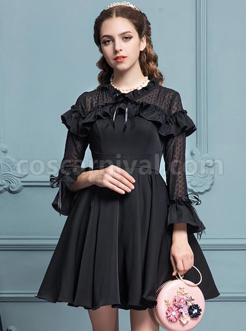 Black Chiffon Slim Stylish Gothic Lolita Long Sleeve Dress coscarnival