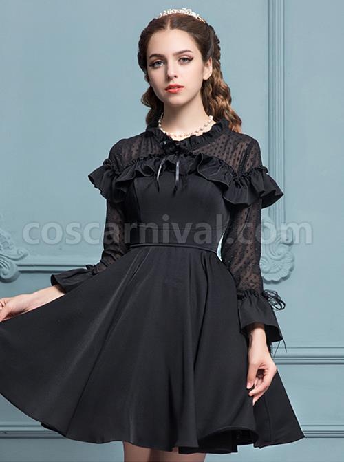 Black Chiffon Slim Stylish Gothic Lolita Long Sleeve Dress coscarnival