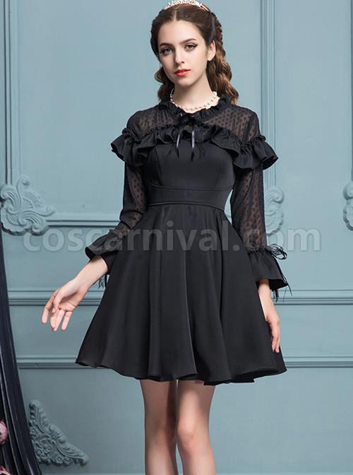 Black Chiffon Slim Stylish Gothic Lolita Long Sleeve Dress coscarnival