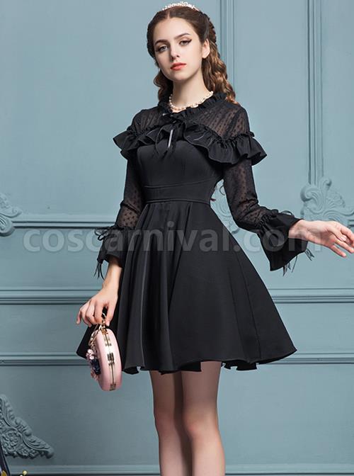 Black Chiffon Slim Stylish Gothic Lolita Long Sleeve Dress coscarnival