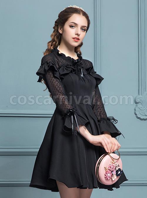 Black Chiffon Slim Stylish Gothic Lolita Long Sleeve Dress coscarnival
