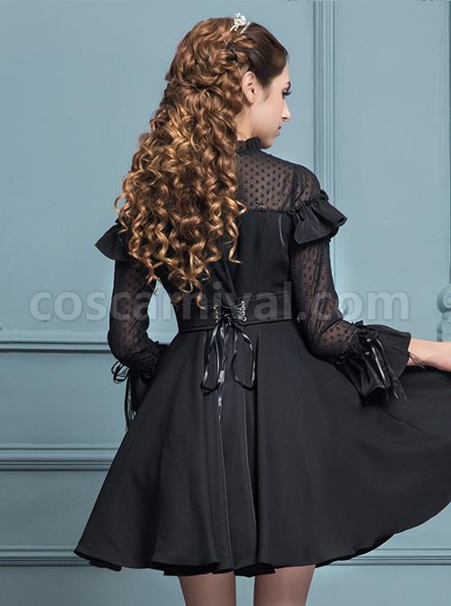 Black Chiffon Slim Stylish Gothic Lolita Long Sleeve Dress coscarnival