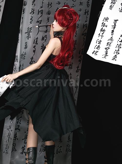 Black-Chinoiserie-Stand-Collar-Buckle-Printed-Shoulder-Cutouts-Metal-Chain-Irregular-Hem-Classic-Lolita-Sleeveless-Dress-coscarnival-3516