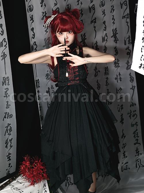 Black-Chinoiserie-Stand-Collar-Buckle-Printed-Shoulder-Cutouts-Metal-Chain-Irregular-Hem-Classic-Lolita-Sleeveless-Dress-coscarnival-3521