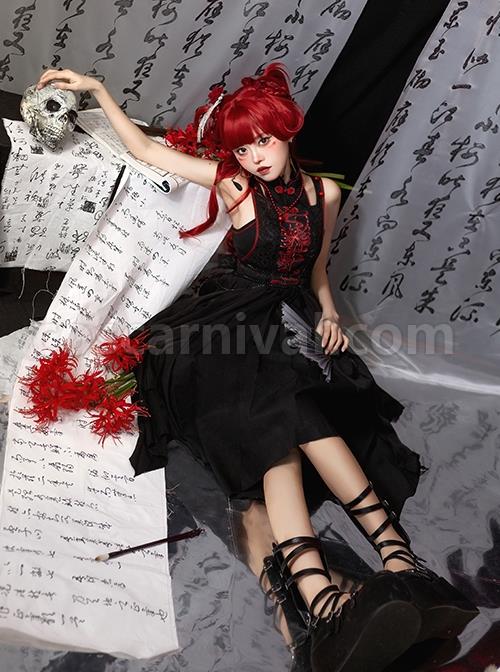 Black-Chinoiserie-Stand-Collar-Buckle-Printed-Shoulder-Cutouts-Metal-Chain-Irregular-Hem-Classic-Lolita-Sleeveless-Dress-coscarnival-3526