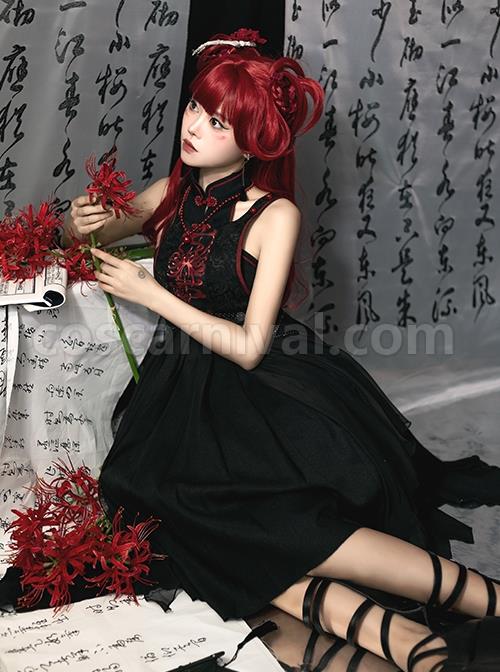 Black-Chinoiserie-Stand-Collar-Buckle-Printed-Shoulder-Cutouts-Metal-Chain-Irregular-Hem-Classic-Lolita-Sleeveless-Dress-coscarnival-3536