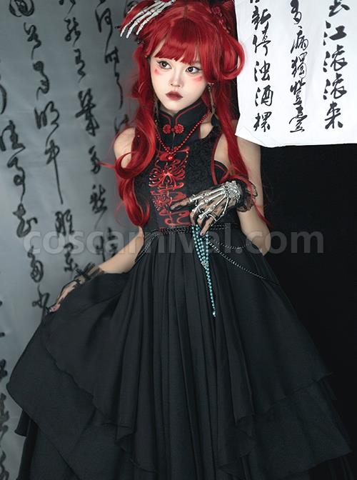 Black-Chinoiserie-Stand-Collar-Buckle-Printed-Shoulder-Cutouts-Metal-Chain-Irregular-Hem-Classic-Lolita-Sleeveless-Dress-coscarnival-3541