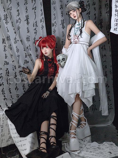 Black-Chinoiserie-Stand-Collar-Buckle-Printed-Shoulder-Cutouts-Metal-Chain-Irregular-Hem-Classic-Lolita-Sleeveless-Dress-coscarnival-3547