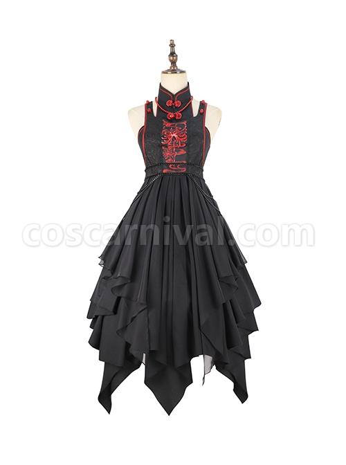 Black-Chinoiserie-Stand-Collar-Buckle-Printed-Shoulder-Cutouts-Metal-Chain-Irregular-Hem-Classic-Lolita-Sleeveless-Dress-coscarnival-3557