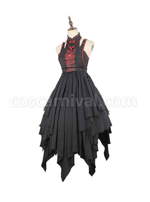 Black-Chinoiserie-Stand-Collar-Buckle-Printed-Shoulder-Cutouts-Metal-Chain-Irregular-Hem-Classic-Lolita-Sleeveless-Dress-coscarnival-3562