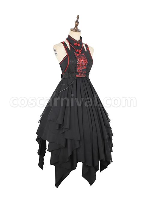 Black-Chinoiserie-Stand-Collar-Buckle-Printed-Shoulder-Cutouts-Metal-Chain-Irregular-Hem-Classic-Lolita-Sleeveless-Dress-coscarnival-3565