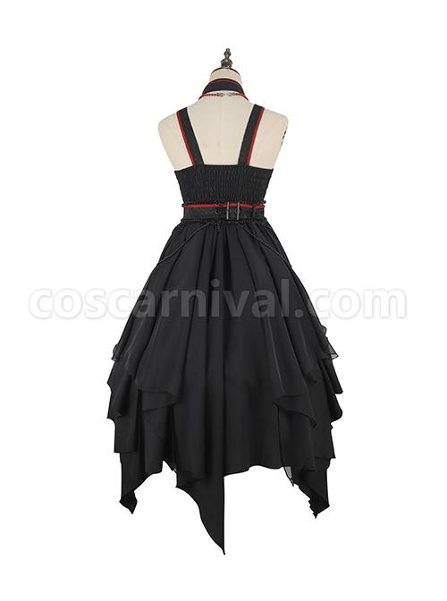 Black-Chinoiserie-Stand-Collar-Buckle-Printed-Shoulder-Cutouts-Metal-Chain-Irregular-Hem-Classic-Lolita-Sleeveless-Dress-coscarnival-3570